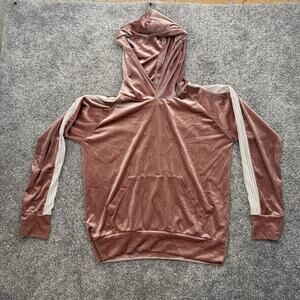 Liana Hoodie Womens Large Pink Velvet Pullover Kangaroo Pocket Striped Sleeves